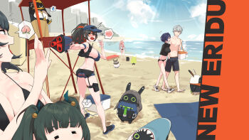 1boy 5girls absurdres amillion_(zenless_zone_zero) ass bangboo_(zenless_zone_zero) beach beachwear belle_(zenless_zone_zero) bikini black_hair black_shorts blue_hair blue_sky blush breasts cloud cloudy_sky food fruit green_eyes green_hair grey_hair highres jane_doe_(zenless_zone_zero) large_breasts multicolored_hair multiple_girls nicole_demara o_wang ocean peach penguinboo_(zenless_zone_zero) ponytail qingyi_(zenless_zone_zero) red_eyes red_hair sand securityboo_(zenless_zone_zero) sharkboo_(zenless_zone_zero) shorts sky speech_bubble swimsuit twintails wise_(zenless_zone_zero) zenless_zone_zero zhu_yuan