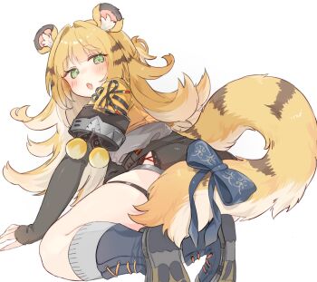 1girl animal_ear_fluff animal_ears black_shorts blue_shoes blush bow colored_inner_hair commentary_request from_side green_eyes high-waist_shorts highres jacket ju_fufu long_hair looking_at_viewer multicolored_hair nekonika_(e102k) open_mouth shoes shorts simple_background solo striped_fur striped_hair tail tail_bow tail_ornament thigh_strap tiger_ears tiger_girl tiger_stripes tiger_tail white_background yellow_jacket zenless_zone_zero