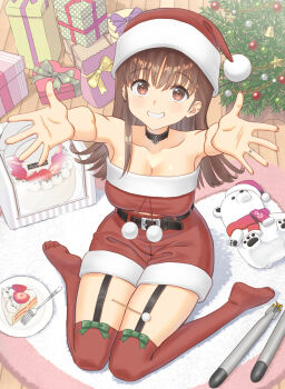 1girl alternate_costume box brown_eyes brown_hair cake cake_slice christmas christmas_tree commentary_request dress food fur-trimmed_dress fur-trimmed_shorts fur-trimmed_tube_top fur_trim garter_straps gift gift_box grin hat highres incoming_hug kantai_collection kujira_naoto long_hair ooi_(kancolle) red_hat red_shorts red_thighhighs red_tube_top santa_hat shorts sitting smile solo strapless strapless_dress stuffed_animal stuffed_polar_bear stuffed_toy teddy_bear thighhighs tube_top wariza