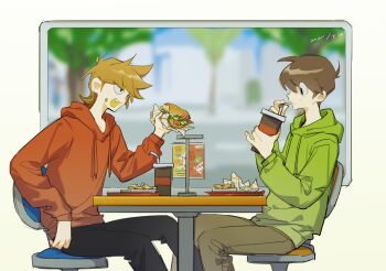 Rule 34 | 2022, 2boys, :3, antenna hair, bacon, black eyes, black pants, blue sky, blurry, blurry background, brown hair, brown pants, burger, chair, chinese commentary, chips (food), closed mouth, commentary request, cup, dated, day, disposable cup, drawstring, drinking, drinking straw, drinking straw in mouth, edd (eddsworld), eddsworld, fang, fast food, feet out of frame, fingernails, food, food on face, green hoodie, hair between eyes, highres, holding, holding burger, holding cup, holding food, hood, hood down, hoodie, indoors, lettuce, long sleeves, looking at another, looking at cup, male focus, multiple boys, on chair, open mouth, pants, pinky out, profile, puffy long sleeves, puffy sleeves, red hoodie, short hair, sitting, sky, soda, swept bangs, table, tord (eddsworld), tray, tree, upturned eyes, very short hair, window, xic94