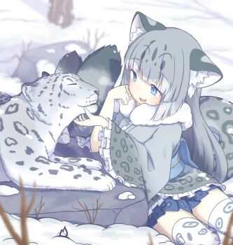 1girl animal_print belt blue_belt blue_eyes blue_skirt blunt_bangs blush commentary frilled_sleeves frills fur_collar grey_hair grey_kimono japanese_clothes kemono_friends kimono leopard_pelt leopard_print long_hair long_sleeves multicolored_hair obi onefiresticks open_mouth pelt pleated_skirt print_kimono print_skirt print_thighhighs sash short_kimono sidelocks sitting skirt smile snow_leopard snow_leopard_(kemono_friends) snow_leopard_ears snow_leopard_girl snow_leopard_pelt snow_leopard_tail solo symbol-only_commentary thighhighs white_fur white_hair white_thighhighs zettai_ryouiki