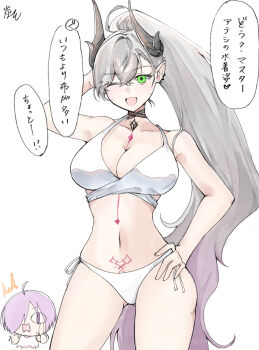 Rule 34 | 2girls, bikini, breasts, chibi, commentary request, fate/grand order, fate (series), green eyes, grey hair, hair over one eye, hand on own hip, highres, horns, large breasts, lilith (fate), long hair, mash kyrielight, mash kyrielight (swimsuit of perpetual summer), multiple girls, one eye closed, pointy ears, pon-de-c2, ponytail, purple eyes, purple hair, signature, swimsuit, white bikini