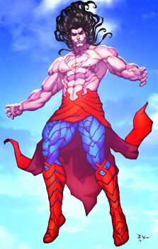 1boy abs black_hair black_sclera blue_pants boots cape colored_sclera dc_comics flying hel_(dc_comics) highres kryptonian long_hair looking_at_viewer looking_down male_focus muscular muscular_arms muscular_legs muscular_male no_shirt pale_skin pants pectorals red_eyes scar scar_across_eye scar_on_face scar_on_nose sky solo veins