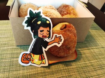 Rule 34 | 1boy, black hair, black shirt, closed eyes, dark-skinned male, dark skin, drooling, food, hau (pokemon), highres, hug, malasada, male focus, mouth drool, nintendo, orange shoes, paper child, photo (medium), pokemon, pokemon sm, ponytail, shirt, shoes, shorts, solo, t-shirt, yellow shorts, yoyterra