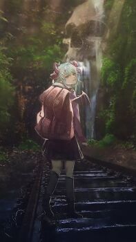 1girl animal_ears apricot_the_lich backpack bag black_boots blonde_hair blue_hair boots cat_ears commentary demon_wings english_commentary green_eyes green_hair hair_ornament hairclip highres hime_hajime horns indie_virtual_youtuber ironmouse long_hair looking_at_viewer looking_back melody_(projektmelody) multicolored_hair multiple_horns nyatasha_nyanners open_mouth outdoors path pink_hair pointy_ears purple_hair red_hair road scenery silvervale skull solo sticker symbol taku_artworks tree vei_(vtuber) virtual_youtuber vshojo water waterfall white_hair wings zentreya