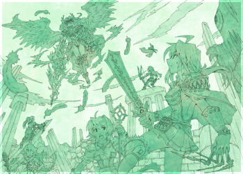 6+girls ahoge back backless_dress backless_outfit bird boots bow_(weapon) breasts cape cloud column commentary_request cowboy_shot creator_(ragnarok_online) crosier cross_of_prontera dress falcon feathered_wings feathers flying gloves green_theme high_ponytail high_priest_(ragnarok_online) holding holding_bow_(weapon) holding_staff holding_sword holding_weapon juliet_sleeves long_hair long_sleeves looking_at_another medium_breasts monochrome multiple_girls open_mouth outdoors pillar ponytail professor_(ragnarok_online) puffy_sleeves ragnarok_online ruins saaki_(sa-ki) short_dress short_hair sniper_(ragnarok_online) staff stalker_(ragnarok_online) sword valkyrie valkyrie_randgris weapon wings