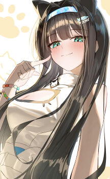 1girl absurdres animal_ears asymmetrical_bangs bare_shoulders bead_bracelet beads black_hair blue_hairband bracelet breasts chestnutj37 cleavage_cutout clothing_cutout cloud commentary_request finger_to_mouth fish_hair_ornament goddess_of_victory:_nikke green_eyes hair_intakes hair_ornament hairband highres jewelry large_breasts light_smile long_hair looking_at_viewer mint_(nikke) multiple_bracelets paw_print paw_print_background ring simple_background solo upper_body very_long_hair