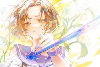 1girl absurdres blue_sailor_collar braid brown_hair closed_mouth colors_of_pure_sense_(project_sekai) commentary crying crying_with_eyes_open flower flower_request hand_up highres holding holding_paintbrush korean_commentary looking_at_viewer official_alternate_costume official_alternate_hairstyle paint paintbrush painting_(action) project_sekai sailor_collar shinonome_ena short_hair side_braid solo someang tears upper_body white_flower