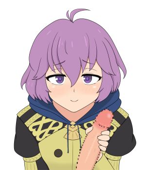 1boy 1girl ahoge bernadetta_von_varley blush censored commentary_request fire_emblem fire_emblem:_three_houses garreg_mach_monastery_uniform hair_between_eyes handjob hetero highres hood hood_down long_sleeves looking_at_viewer messy_hair mosaic_censoring nintendo penis pov purple_eyes purple_hair simple_background smile solo_focus textless_version white_background yoshio_hentai