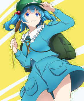 Rule 34 | 1girl, :d, backpack, bag, blue eyes, blue hair, blue jacket, blue skirt, cattail, cowboy shot, diagonal-striped background, duplicate, from below, green hat, hair bobbles, hair ornament, hand on headwear, hat, highres, holding, holding plant, jacket, jewelry, kawashiro nitori, key, key necklace, kisaragi koushi, legs, long sleeves, looking ahead, necklace, open mouth, pixel-perfect duplicate, plant, pocket, shirt, skirt, smile, solo, striped background, touhou, white shirt, wind, wind lift, yellow background