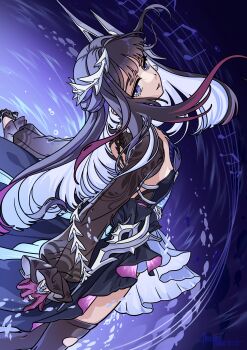 1girl absurdres air_bubble black_dress black_hair black_thighhighs blue_eyes breasts bubble colored_inner_hair dress fish frills gradient_eyes highres holding holding_weapon honkai:_star_rail honkai_(series) hysilens_(honkai:_star_rail) instrument long_hair long_sleeves looking_at_viewer multicolored_eyes multicolored_hair purple_eyes small_breasts smile solo thighhighs two-tone_hair underwater weapon white_hair xinjinjumin3576991