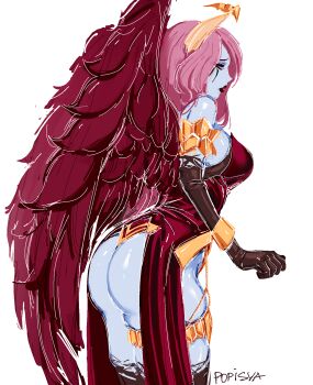1girl 2025 aliasing artist_name ass ass_focus blue_skin bracelet breasts chain colored_skin cowboy_shot crown curvy demon demon_girl demon_horns dota_(series) dota_2 dress elbow_gloves english_text gloves gold gold_chain gold_crown highres horns jewelry lipstick long_hair looking_at_viewer makeup medium_breasts pink_hair popisya queen_of_pain_(dota) red_dress red_lips red_wings self-upload signature solo thighhighs thighs torn_clothes wavy_hair white_background wings worried