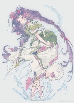 1girl :o absurdres animal_ears braid bubble chinese_commentary commentary_request dot_nose dress expressionless floating_hair flower frilled_dress frilled_sleeves frills full_body grey_background guozimiao hair_flower hair_ornament high_heels highres horns long_hair looking_at_viewer low_twin_braids off-shoulder_dress off_shoulder original parted_lips pink_flower pink_shoes puffy_short_sleeves puffy_sleeves pumps purple_eyes purple_hair red_horns see-through_clothes see-through_sleeves sheep sheep_ears sheep_girl sheep_horns shoes short_sleeves simple_background solo splashing spring_(season) thorns twin_braids very_long_hair water water_drop watermark weibo_watermark white_dress winged_animal