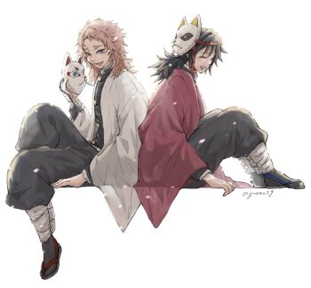 2boys black_hair black_jacket commentary demon_slayer_uniform english_commentary fox_mask full_body gt44039 haori highres holding holding_mask jacket japanese_clothes kimetsu_no_yaiba long_hair low_ponytail male_focus mask multiple_boys open_mouth orange_hair ponytail purple_eyes sabito_(kimetsu) smile spiked_hair teeth tomioka_giyuu white_haori