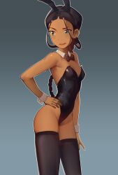 1girl absurdres animal_ears avatar:_the_last_airbender avatar_legends black_leotard black_thighhighs braid cowboy_shot dark-skinned_female dark_skin detached_collar fake_tail highleg highleg_leotard highres kahnapuf katara leotard playboy_bunny rabbit_ears simple_background solo tail thighhighs wrist_cuffs
