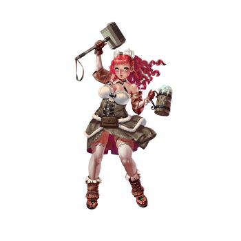 1girl alcohol arm_up artist_request bare_shoulders beer bow braid breasts brown_eyes cleavage crystal_maiden_(series) curly_hair detached_sleeves dwarf full_body game_cg gloves hair_bow hammer highres holding holding_hammer holding_weapon large_breasts leather leather_gloves multiple_hair_bows official_art open_mouth red_hair sandals solo tankard torel_(crystal_maidens) transparent_background variant_set weapon white_bow