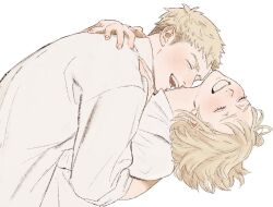 Rule 34 | 1boy, 1girl, blonde hair, blush, brother and sister, closed eyes, dungeon meshi, falin touden, holding, laios touden, laughing, nomme26, open mouth, shirt, short hair, siblings, simple background, smile, upper body, white background, white shirt