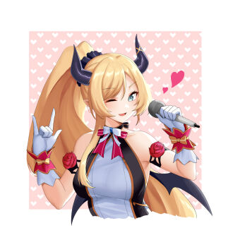 1girl \m/ absurdres bare_shoulders black_horns black_wings blonde_hair blue_eyes breasts collarbone commentary_request demon_girl demon_horns demon_wings flower gloves hair_ornament hair_scrunchie heart highres holding holding_microphone hololive hololive_idol_uniform_(origin) horn_ornament horn_ring horns idol_clothes long_hair looking_at_viewer medium_breasts microphone nonstop_story official_alternate_costume official_alternate_hairstyle one_eye_closed open_mouth pointy_ears ponytail rose scrunchie single_sidelock solo swept_bangs upper_body virtual_youtuber white_gloves wings yuzuki_choco