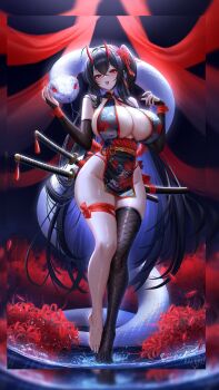 1girl absurdres alternate_costume animal artist_logo artist_name azur_lane bare_shoulders black_gloves black_hair black_thighhighs breasts bridal_gauntlets cleavage commentary elbow_gloves english_commentary fishnet_thighhighs fishnets floral_print flower full_body giant_snake gloves hair_flower hair_ornament highres horns huge_breasts katana logo long_hair multiple_swords nail_polish open_mouth oversized_animal pafekui panties pelvic_curtain red_eyes red_flower red_nails red_panties red_trim revealing_clothes scabbard sheath sheathed single_thighhigh snake solo spider_lily standing sword taihou_(azur_lane) thighhighs underwear veins veiny_breasts very_long_hair water weapon weapon_on_back