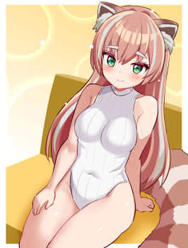 1girl animal_ear_fluff animal_ears chair closed_mouth cougar_(cougar1404) green_eyes hair_between_eyes indie_virtual_youtuber on_chair one-piece_swimsuit red_panda_ears red_panda_girl red_panda_tail solo swimsuit thighs virtual_youtuber white_one-piece_swimsuit yuria_of_ailurus