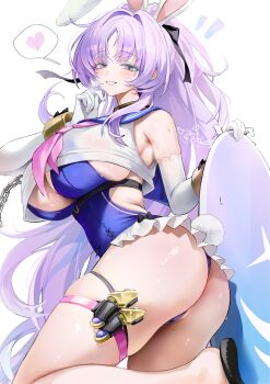 1girl absurdres animal_ears ass bare_shoulders blush breasts chain elbow_gloves fake_animal_ears gloves grey_eyes grin hair_ribbon heart highres holding holster large_breasts long_hair looking_at_viewer mell_(dmwe3537) mole mole_on_thigh neckerchief pink_neckerchief ponytail purple_hair rabbit_ears rabbit_tail ribbon sailor_collar sandals shia_(stella_sora) sideboob simple_background skindentation smile solo speech_bubble spoken_heart steam stella_sora sweat tail thigh_strap thighs very_long_hair white_background white_gloves