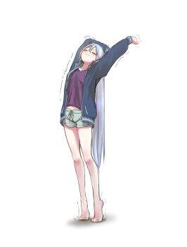 Rule 34 | 1girl, arms up, barefoot, blue jacket, blue shorts, closed mouth, commentary request, full-length zipper, hair between eyes, highres, jacket, kaema 2, long hair, project sekai, shorts, stretching, thighs, tiptoes, track jacket, unzipped, very long hair, white background, white hair, yoisaki kanade, zipper
