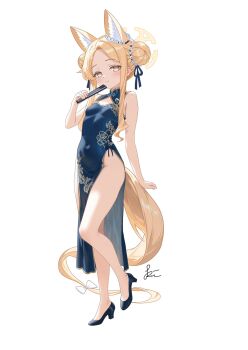 1girl absurdly_long_hair alternate_costume alternate_hairstyle animal_ears bare_shoulders blonde_hair blue_archive blue_dress blue_shoes blush breasts china_dress chinese_clothes commentary_request double_bun dress folded_fan folding_fan fox_ears full_body hair_bun halo hand_fan hand_up highres holding holding_fan light_smile long_hair looking_at_viewer multicolored_eyes pelvic_curtain pink_eyes rin_(rin0214tw) seia_(blue_archive) shoes signature simple_background small_breasts solo very_long_hair white_background yellow_eyes yellow_halo