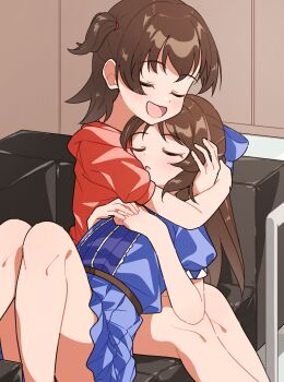 2girls akagi_miria bare_legs blue_dress blush brown_hair closed_eyes commentary_request couch dress feet_out_of_frame half_updo highres hood hoodie hug idolmaster idolmaster_cinderella_girls indoors knees_up long_hair lying lying_on_person multiple_girls on_back on_couch own_hands_together pleated_dress puffy_short_sleeves puffy_sleeves red_hoodie short_sleeves sitting smile tachibana_arisu yairo_ju