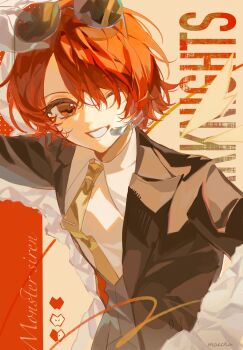 1girl adjusting_eyewear ambience_synesthesia apple arknights arm_up black_jacket brown_eyes chinese_commentary collared_shirt commentary_request exusiai_(arknights) eyewear_on_head food fruit grin halo hand_on_eyewear highres jacket long_sleeves looking_at_viewer necktie one_eye_closed open_clothes open_jacket qingningqianxianick red_hair shirt short_hair smile solo sunglasses upper_body white_shirt yellow_necktie