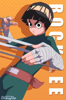 1boy absurdres bandages black_eyes black_hair bodysuit bowl_cut character_name green_bodysuit green_jumpsuit highres jumpsuit looking_at_viewer male_focus naruto_(classic) naruto_(series) open_mouth rock_lee short_hair strikingtulip