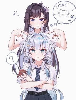 2girls ? alternate_costume armband arms_up belt black_belt black_hair black_necktie black_skirt blue_eyes cerydra_(honkai:_star_rail) closed_mouth commentary_request crown_hair_ornament diamond-shaped_pupils diamond_(shape) dot_nose earrings expressionless funafu hair_flaps hair_intakes hair_ornament highres honkai:_star_rail honkai_(series) hysilens_(honkai:_star_rail) jewelry long_hair looking_at_another looking_at_viewer multiple_girls musical_note necktie red_armband school_uniform shirt simple_background single_earring skirt smile spoken_animal spoken_question_mark striped_necktie symbol-shaped_pupils t-shirt white_background white_hair white_shirt