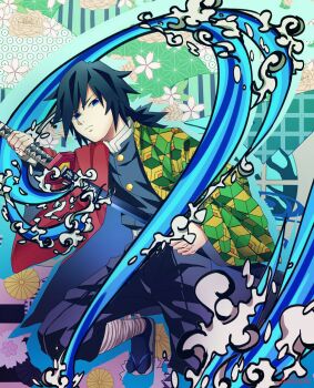 1boy belt black_hair black_jacket black_pants black_socks blue_eyes buttons closed_mouth commentary_request demon_slayer_uniform empty_eyes gold_buttons hair_between_eyes haori high_collar highres holding holding_sword holding_weapon jacket japanese_clothes katana kikkoumon kimetsu_no_yaiba long_hair looking_at_viewer low_ponytail male_focus pants ponytail print_haori red_haori sandals socks solo spiked_hair sword sword_writing tomioka_giyuu user_ycfg5335 water weapon white_belt