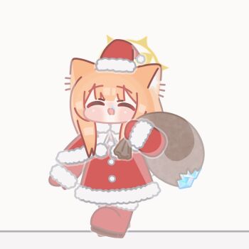 1girl ^_^ alternate_costume animal_ear_fluff animal_ears animated animated_gif blue_archive blush boots capelet cat_ears cat_girl chibi closed_eyes commentary_request dress full_body fur-trimmed_boots fur-trimmed_capelet fur-trimmed_dress fur-trimmed_headwear fur-trimmed_sleeves fur_trim halo hat highres holding holding_sack horuhara korean_commentary long_hair long_sleeves looping_animation mari_(blue_archive) mittens nose_bubble open_mouth orange_hair pom_pom_(clothes) pom_pom_hat_ornament pyroxene_(blue_archive) red_boots red_capelet red_dress red_mittens sack santa_boots santa_costume santa_dress santa_hat simple_background solo torn_sack walking white_background yellow_halo