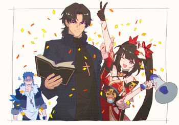1girl 2boys arm_up bare_shoulders bell belt black_belt black_choker black_eyes black_gloves black_hair black_jacket black_shirt blue_eyes blue_hair book butterfly-shaped_pupils choker closed_mouth confetti crescent crescent_necklace cross cross_necklace cu_chulainn_(fate) cu_chulainn_(honkai:_star_rail)_(fate) cu_chulainn_(lancer)_(fate) detached_sleeves dress earrings fate/stay_night fate/unlimited_blade_works fate_(series) flower fox_mask fur-trimmed_jacket fur_trim gloves hair_bell hair_flower hair_ornament hair_ribbon hand_up highres holding holding_book honkai:_star_rail honkai_(series) horn_speaker jacket jewelry kotomine_kirei long_hair long_sleeves looking_at_another looking_at_viewer mask mask_on_head mole mole_under_each_eye mole_under_eye multiple_boys multiple_moles neck_bell necklace obijime one_eye_closed open_book open_clothes open_jacket open_mouth parted_bangs red_dress red_eyes red_flower red_ribbon red_sleeves ribbon shaded_face shirt short_hair short_sleeves simple_background sleeveless sleeveless_dress smile sparkle_(honkai:_star_rail) squiggle standing symbol-shaped_pupils twintails v v-shaped_eyebrows white_background white_shirt yarr