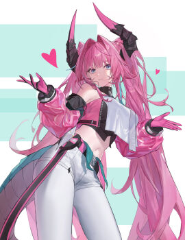 1girl absurdres arknights arknights:_endfield bare_shoulders belt black_belt blue_eyes breasts closed_mouth cowboy_shot gloves hair_between_eyes hair_intakes hair_over_shoulder heart highres horns jacket large_breasts long_hair long_sleeves midriff navel pants pink_gloves pink_hair pink_jacket puffy_long_sleeves puffy_sleeves smile snacks00 solo standing very_long_hair white_pants yvonne_(arknights)