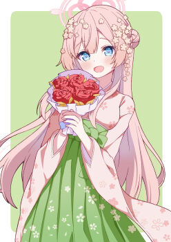 1girl alternate_costume blue_archive blue_hair border bouquet commentary floral_print floral_print_skirt flower furisode_sleeves green_background green_hakama hair_bun hair_flower hair_ornament hakama hakama_skirt halo highres holding holding_bouquet japanese_clothes kosode long_hair mimori_(blue_archive) open_mouth outside_border pink_hair pink_halo pink_kosode pink_pupils print_skirt red_flower red_rose rose rounded_corners simple_background single_side_bun skirt smile solo white_border zundamochi_(sera)