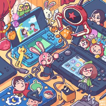 1boy 2girls absurdres animal_costume arcade_bunny artist_name bag bird black_eyes black_hair boxboy! brown_hair buck_teeth cable cat charger chibi closed_eyes crane_game curtains eshop_bag flipnote_studio food formal_clothes froakie frog_(flipnote_studio) fruit game_boy game_console gen_6_pokemon glasses handheld_game_console hat highres holding holding_handheld_game_console holding_sword holding_weapon indoors isometric jibanyan kirby looking_up lying mallo_(pushmo) mii_(nintendo) mini_person minigirl multiple_boys multiple_girls nikki_(swapnote) nintendo nintendo_3ds nintendo_badge_arcade nintendo_ds nintendo_eshop nintendo_switch on_back open_mouth parrot pencil poke_ball poke_ball_(basic) pokemon pokemon_(creature) pokemon_xy pushmo_(series) rabbit rabbit_costume red-framed_eyewear red_shirt resting rhythm_tengoku screen shirt short_hair skirt sleeping smile snailianz star_(symbol) stylus suit surprised swapnote sword teeth weapon youkai_watch