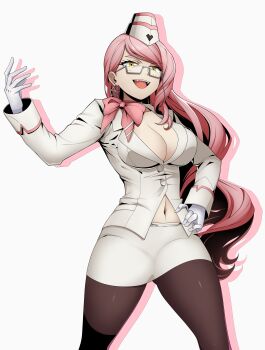 1girl absurdres black_pantyhose breasts cleavage commentary commission earrings english_commentary eremiya_(loleremiya) fate/grand_order fate_(series) glasses gloves hat highres jewelry koyanskaya_(fate) koyanskaya_(foreigner)_(first_ascension)_(fate) large_breasts long_hair navel pantyhose pencil_skirt pink_hair shirt single_earring skirt smile white_gloves white_hat white_shirt yellow_eyes