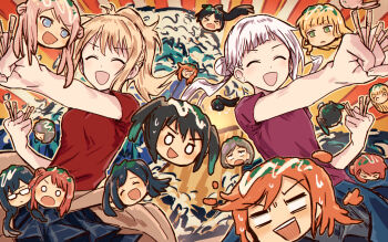 >_< 6+girls :d :| ^_^ arashi_chisato black_hair black_skirt blonde_hair blue_eyes blue_jacket blunt_bangs bob_cut braid brown_cardigan cardigan cardigan_around_waist closed_eyes closed_mouth clothes_around_waist colored_tips commentary_request d: double_bun dual_persona dx expressionless fine_art_parody floating_head flying_sweatdrops food foodification glasses green_eyes green_hair grey_hair grey_skirt hair_bun hazuki_ren heanna_sumire high_ponytail highres holding in-franchise_crossover jacket jacket_around_neck kanagawa_okinami_ura long_hair love_live! love_live!_nijigasaki_high_school_idol_club love_live!_superstar!! mayonnaise miyashita_ai multicolored_hair multiple_girls nakagawa_nana o_o opaque_glasses open_mouth orange_background orange_hair outline parody pink_hair pink_shirt plaid_clothes plaid_skirt pleated_skirt ponytail puffy_short_sleeves puffy_sleeves red_shirt revision sanpaku shibuya_kanon shirt short_hair short_sleeves sidelocks single_braid single_side_bun skirt smile sweat swept_bangs symmetry takasaki_yu takoyaki tang_keke teeth toothpick twintails uehara_ayumu upper_teeth_only v-shaped_eyebrows white_hair yellow_outline yuki_setsuna yuki_setsuna_(love_live!) yukitake_(bullfalk) zhong_lanzhu