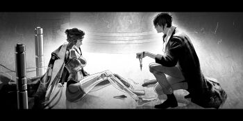 1boy 1girl absurdres achooho android ankle_boots arm_support boots breasts broken_leg coat coat_on_shoulders enigma_(reverse:1999) fallen_down from_side full_body greyscale hair_bun highres holding holding_key joints key large_breasts long_sleeves looking_at_another lucy_(reverse:1999) medium_hair metal_skin monochrome on_ground on_one_knee pants profile reverse:1999 robot_girl robot_joints sitting