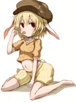 Rule 34 | 1girl, animal ears, baggy shorts, bare legs, barefoot, blonde hair, crop top, dango, eating, expressionless, female focus, flat cap, floppy ears, food, full body, hair between eyes, hat, kihuzinz, looking away, midriff, navel, orange shirt, puffy short sleeves, puffy sleeves, rabbit ears, rabbit tail, red eyes, ringo (touhou), sanshoku dango, shirt, short hair, short sleeves, shorts, simple background, sitting, sketch, solo, tail, tareme, touhou, wagashi, wariza, white background, yellow shorts