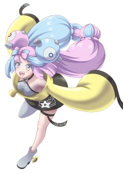 Rule 34 | bow-shaped hair, breasts, character hair ornament, grey pantyhose, hair ornament, hexagon print, highres, iono (pokemon), jacket, long hair, long sleeves, low-tied long hair, multicolored hair, nintendo, ossannoa, oversized clothes, pantyhose, pokemon, pokemon sv, sharp teeth, single leg pantyhose, sleeves past fingers, sleeves past wrists, small breasts, split-color hair, symbol in eye, teeth, x (symbol), yellow jacket