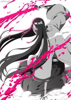 1girl bleach bleach:_sennen_kessen-hen blood commentary dust_cloud expressionless hakama haori highres holding holding_sword holding_weapon japanese_clothes kneeling lido_an0 lips long_hair minazuki_(bankai) parted_lips sandals shihakusho solo spot_color sword symbol-only_commentary taichou_haori twitter_username unohana_retsu very_long_hair weapon