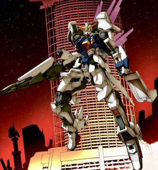 Rule 34 | beam rifle, building, clenched hand, commentary request, energy gun, full body, gradient sky, green eyes, gun, gundam, gundam zirius, highres, holding, holding gun, holding weapon, mecha, mecha focus, mobile suit, mobile suit gundam eight, no humans, outdoors, red sky, robot, satellite dish, science fiction, sky, solo, star (sky), takagi shuei, v-fin, weapon