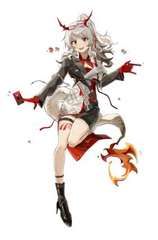 Rule 34 | 1girl, absurdres, arknights, between fingers, black jacket, black shorts, breasts, cassette tape, charkorr (tou pencil), chinese commentary, cleavage, cleavage cutout, clothing cutout, colored extremities, commentary request, dragon girl, dragon horns, dragon tail, earrings, eyewear on head, full body, grey hair, grey jacket, highres, holding, holding cassette, horns, jacket, jewelry, leg up, long hair, long sleeves, looking at viewer, multicolored hair, nian (arknights), nian (thunderbolt director) (arknights), official alternate costume, open mouth, pink-tinted eyewear, purple eyes, puzzle piece, red horns, red jacket, short shorts, shorts, simple background, small breasts, smile, solo, sparkle, streaked hair, tail, thigh strap, tinted eyewear, white background