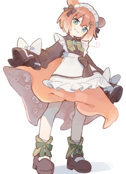 1boy :3 a-pose absurdres apron artist_name black_bow black_shirt blue_eyes blush bow bowtie brooch brown_shoes closed_mouth collared_shirt commentary crossdressing crossdressing_(mtf) dot_nose footwear_bow foreshortening frilled_apron frills from_below full_body green_bow green_bowtie hair_between_eyes hair_bow hair_ornament hair_ribbon hairclip head_tilt highres jewelry komerina long_sleeves looking_at_viewer maid maid_apron maid_headdress male_focus male_maid mary_janes medium_hair octopus_boy orange_hair orange_skirt original personification puffy_long_sleeves puffy_sleeves ribbon shirt shoes sidelocks signature simple_background skirt sleeves_past_fingers sleeves_past_wrists smile solo standing suction_cups trap umbrella_octopus unconventional_maid waist_apron white_apron white_background white_bow