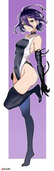 1girl absurdres ahoge aiuti black_choker black_eyes black_gloves black_one-piece_swimsuit black_thighhighs chainsaw_man choker commentary_request competition_swimsuit covered_navel elbow_gloves gloves green_eyes hair_between_eyes hair_bun highleg highleg_one-piece_swimsuit highres looking_at_viewer one-piece_swimsuit parted_lips purple_background reze_(chainsaw_man) short_hair smile solo standing standing_on_one_leg swimsuit thighhighs twitter_username two-tone_swimsuit wet