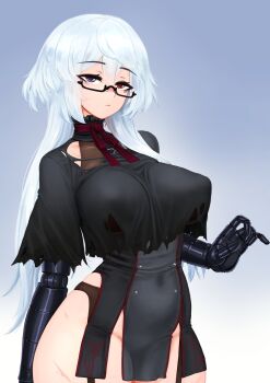 1girl barbariank black-framed_eyewear black_capelet black_garter_belt blue_eyes breasts capelet commentary cowboy_shot english_commentary frown garter_belt glasses gradient_background grey_background hair_between_eyes heterochromia highres large_breasts long_hair mechanical_arms nahalie_(barbariank) neck_ribbon original prosthesis rectangular_eyewear red_eyes red_pupils red_ribbon ribbon semi-rimless_eyewear simple_background solo under-rim_eyewear white_hair