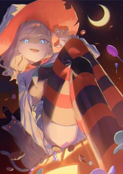 1girl :d alternate_costume black_cat blue_eyes breasts candy cat ceras_yanagida_lilienfeld checkerboard_cookie chocolate_chip_cookie claw_pose commentary_request cookie crescent_moon crossed_legs feet_out_of_frame food glowing glowing_eyes halloween hat highres link!_like!_love_live! lollipop looking_at_viewer love_live! medium_breasts miniskirt moon night night_sky open_mouth orange_eyes orange_hat orange_thighhighs pleated_skirt sitting skirt sky smile solo star_(sky) starry_sky striped_clothes striped_thighhighs sunkeun swirl_lollipop thighhighs two-sided_fabric two-sided_headwear virtual_youtuber white_hat white_skirt witch witch_hat