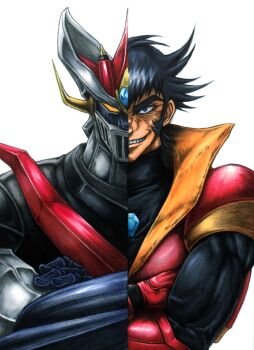 1boy absurdres biceps black_eyes black_hair crossed_arms great_mazinger_(robot) hatching_(texture) highres linear_hatching mazinger_(series) mecha robot shin_mazinger_shougeki!_z-hen smirk split_image split_theme super_robot tsurugi_tetsuya white_background wrato
